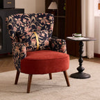 Art Deco Floral Wing Chair Series With Ottoman, Solid Wood Accent