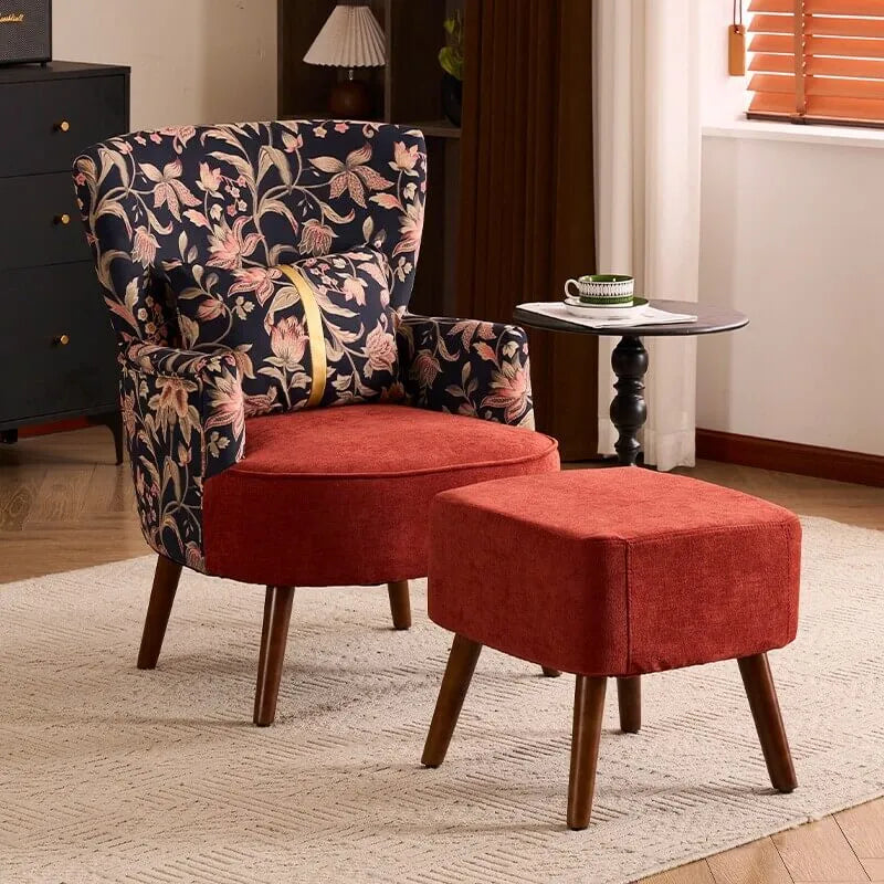 Art Deco Floral Wing Chair Series With Ottoman, Solid Wood Accent Secondary image
