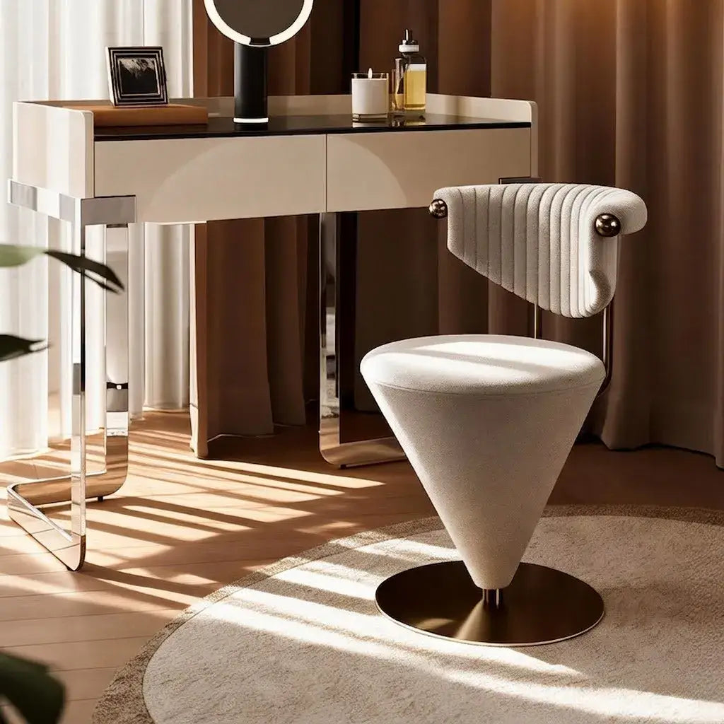 Art Deco Inspired Vanity Stool with Piano-Tufted Back and Metal Disc Base