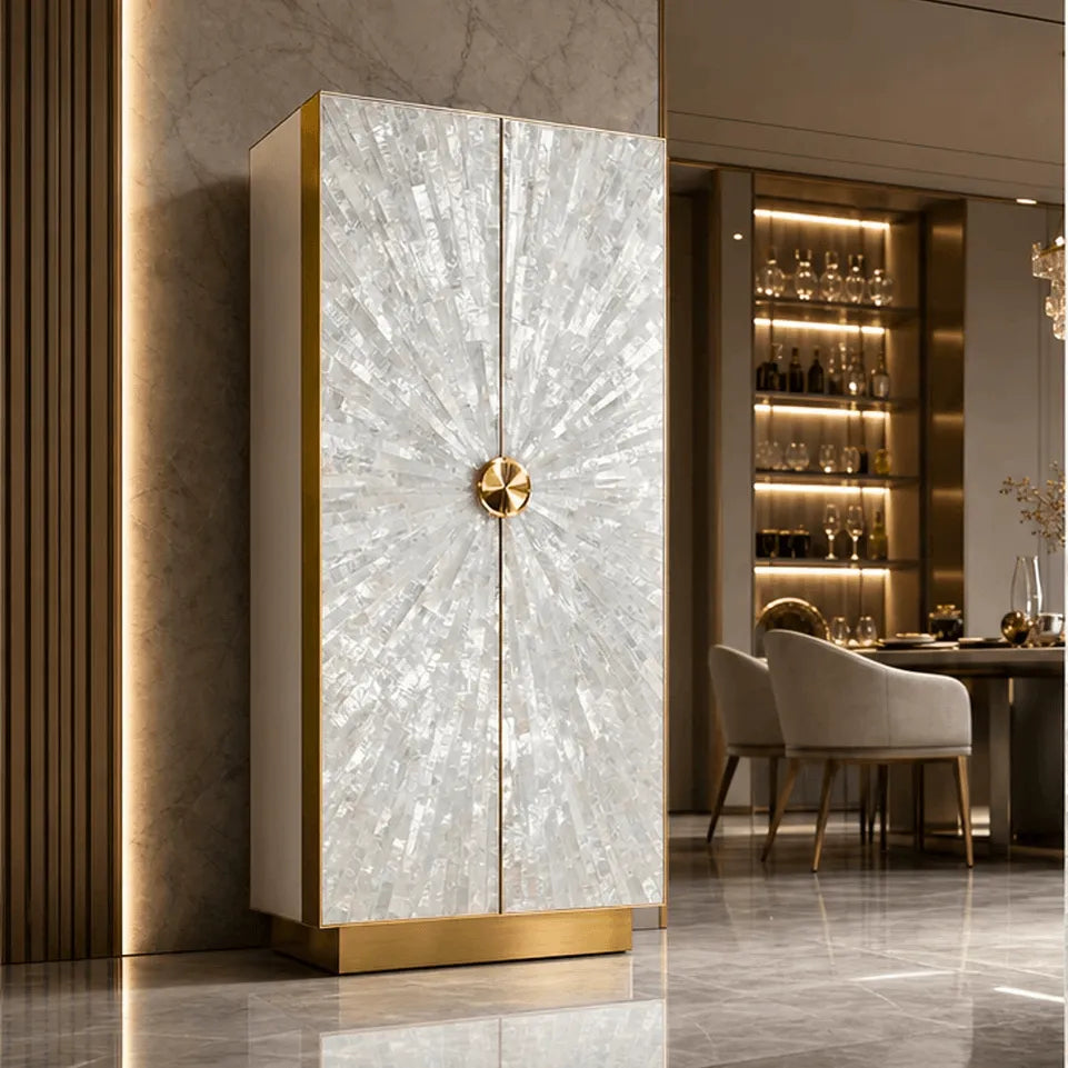 Art Deco Mother of Pearl Wine Cabinet With Sunburst Display and Drawers