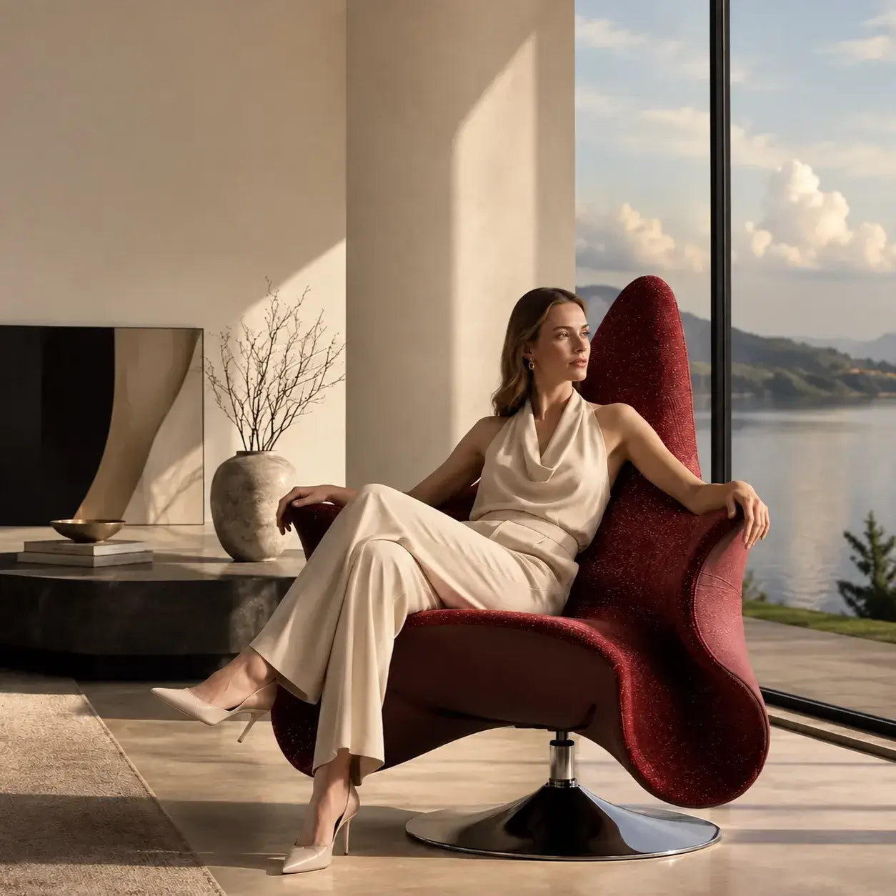 Art Deco Sculptural Swivel Accent Chair with Wraparound High Back Secondary image