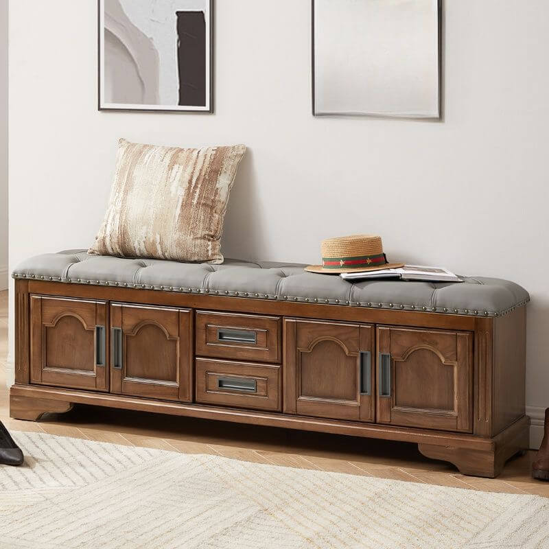 Art Deco Upholstered Entryway Bench with Nailhead Trim and Hidden Storage