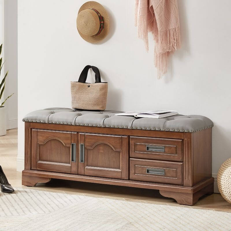 Art Deco Upholstered Entryway Bench with Nailhead Trim and Hidden Storage Main Product Image