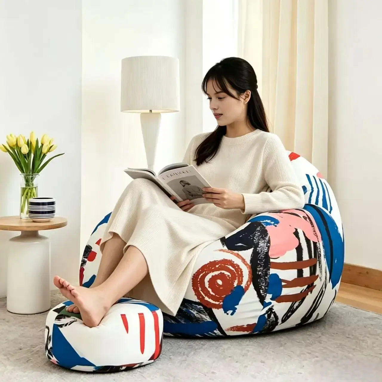 Artful Graffiti Bean Bag Lounge Set with Ottoman, Washable Matte Velvet