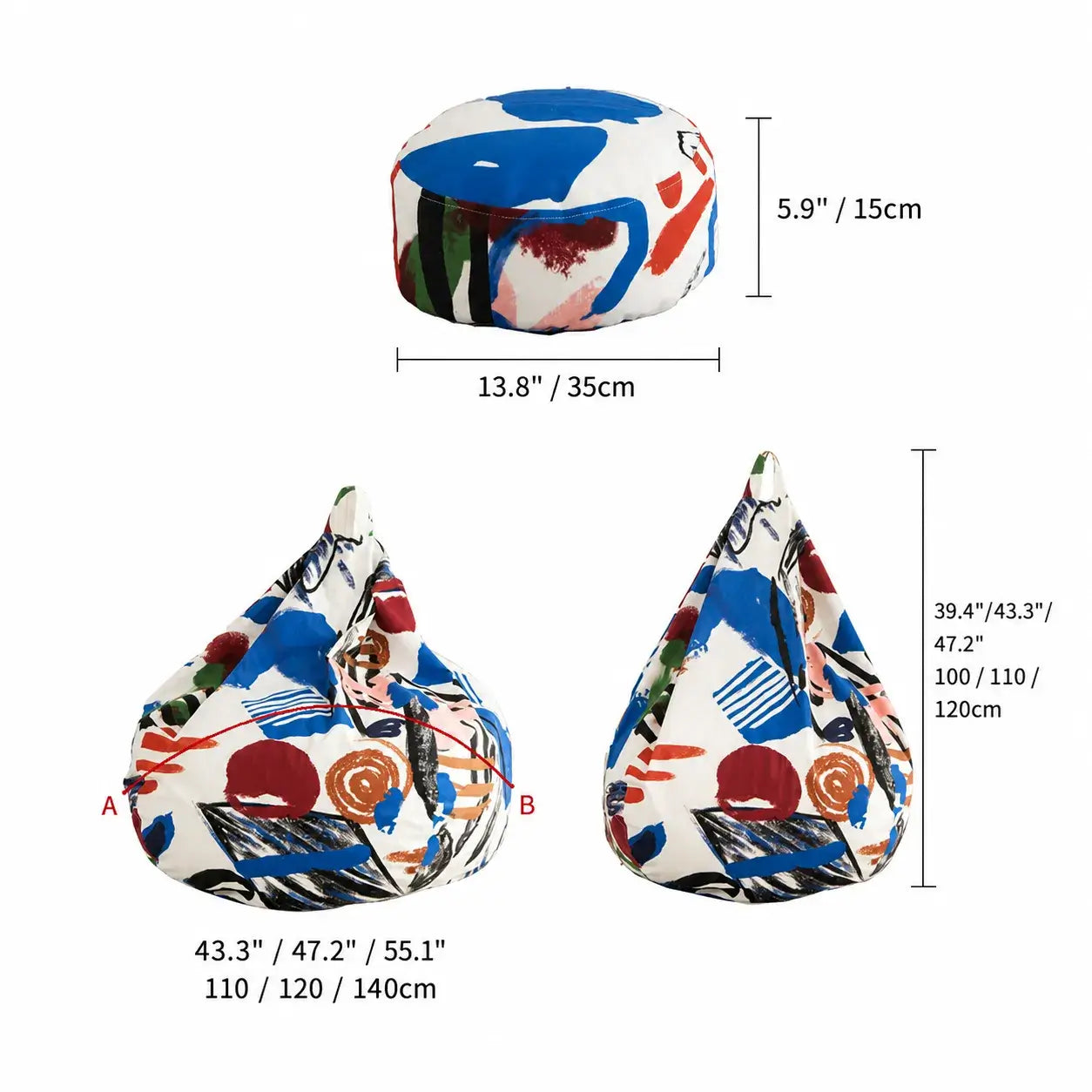 Artful Graffiti Bean Bag Lounge Set with Ottoman, Washable Matte Velvet Dimensions