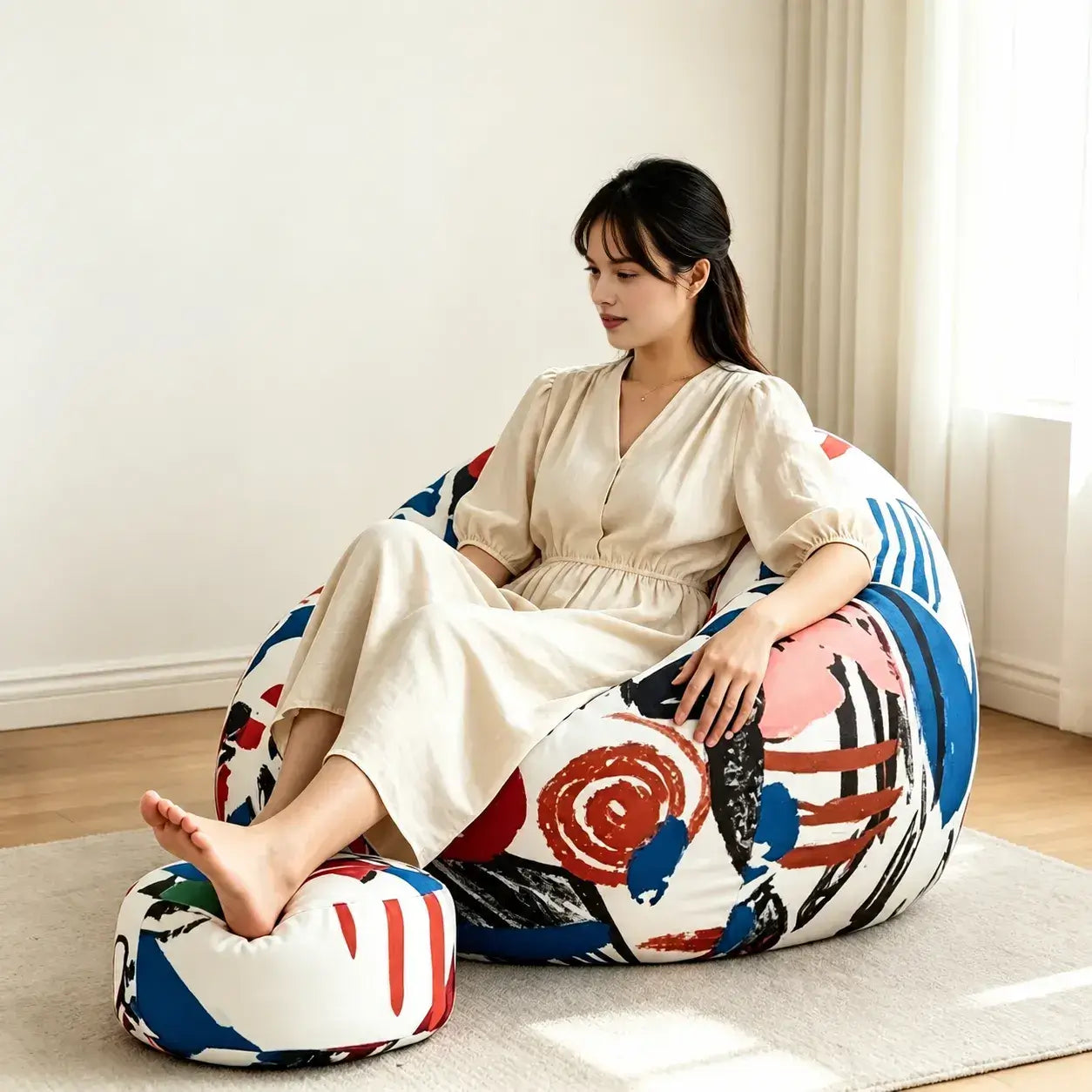Artful Graffiti Bean Bag Lounge Set with Ottoman, Washable Matte Velvet Main Product Image