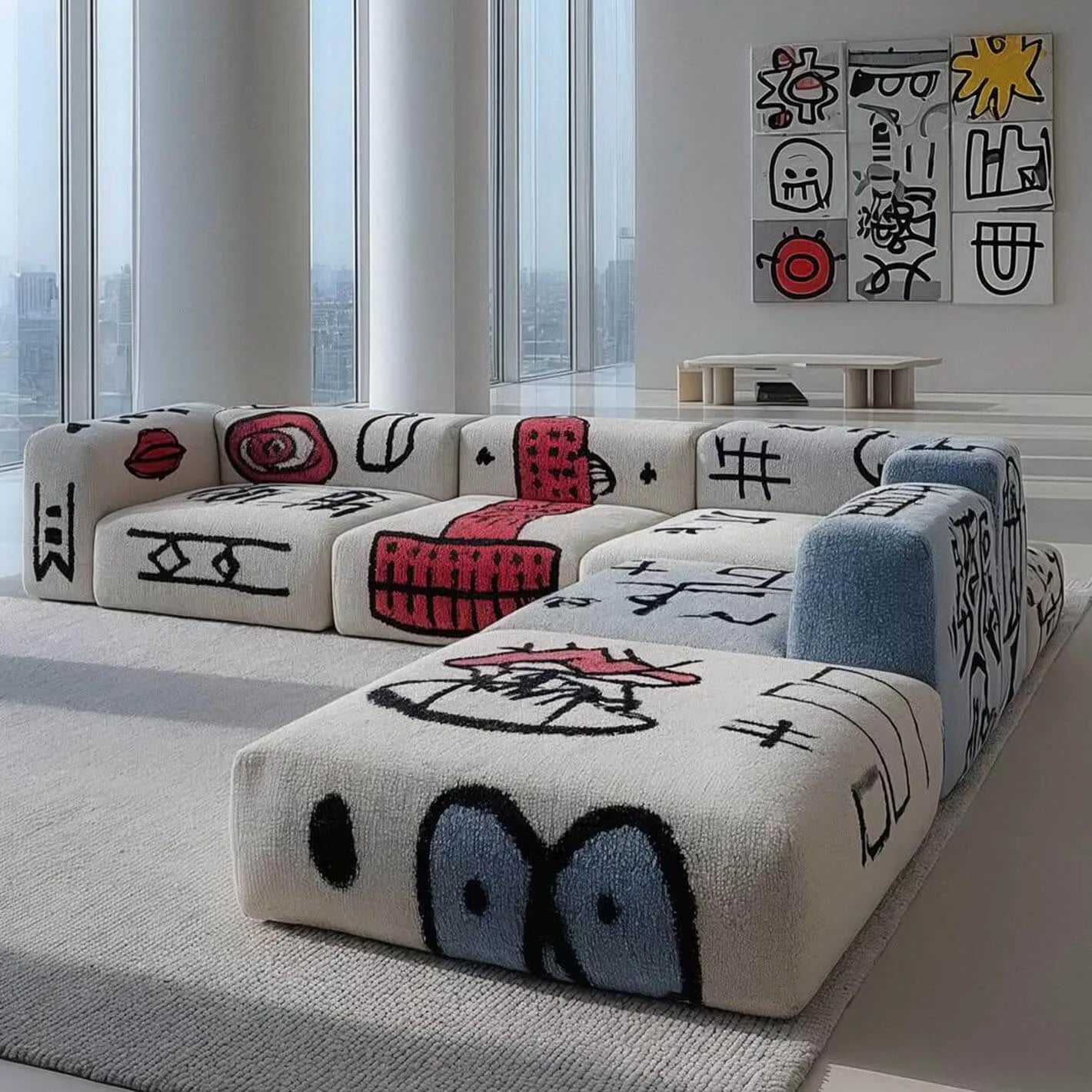 Artful Graffiti Sectional Sofa With Low-Profile Modular Lounge Form