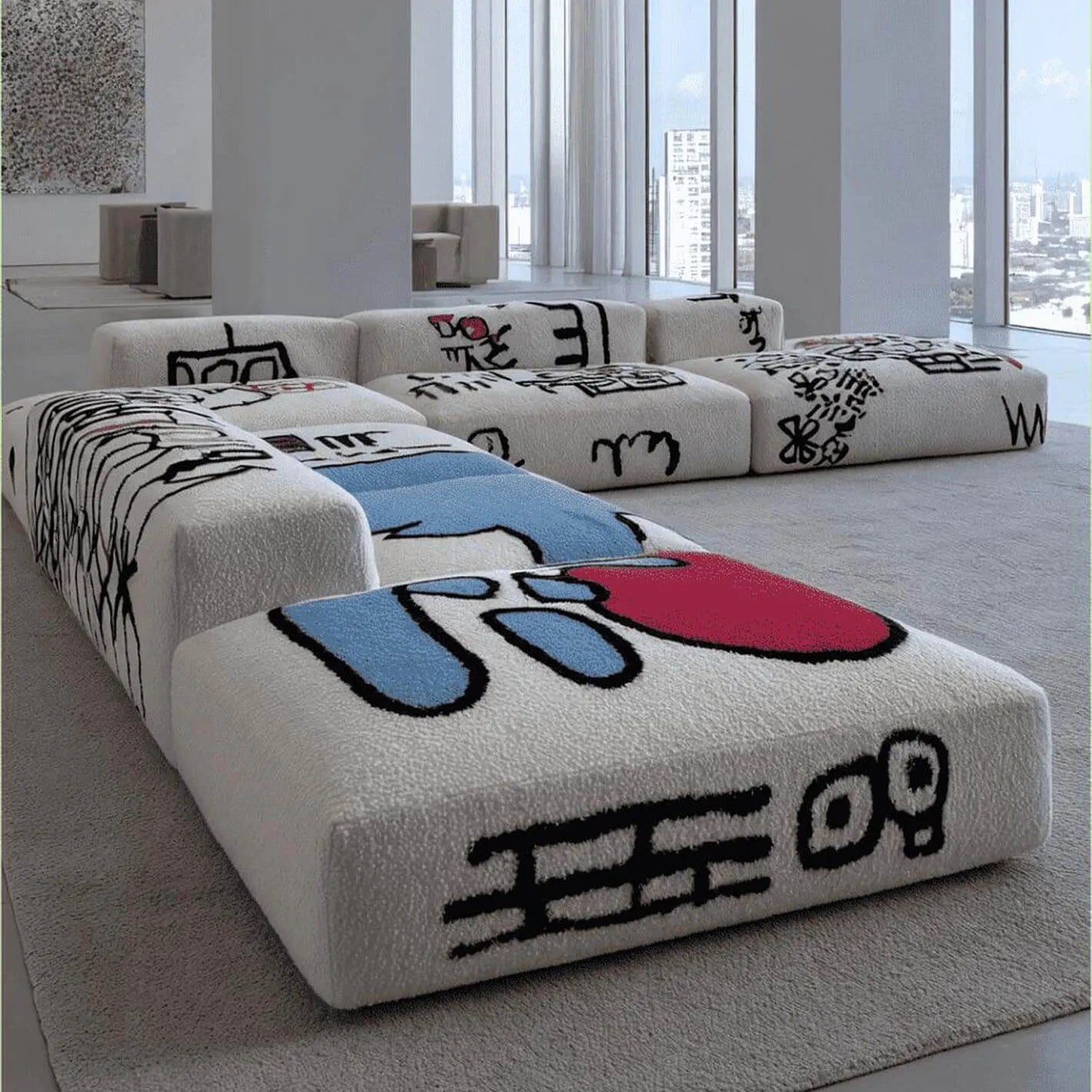 Artful Graffiti Sectional Sofa With Low-Profile Modular Lounge Form