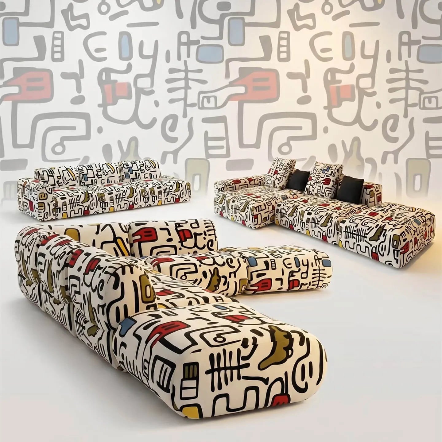 Artful Graffiti Sectional Sofa With Rounded Modular Form for Living Rooms Main Product Image