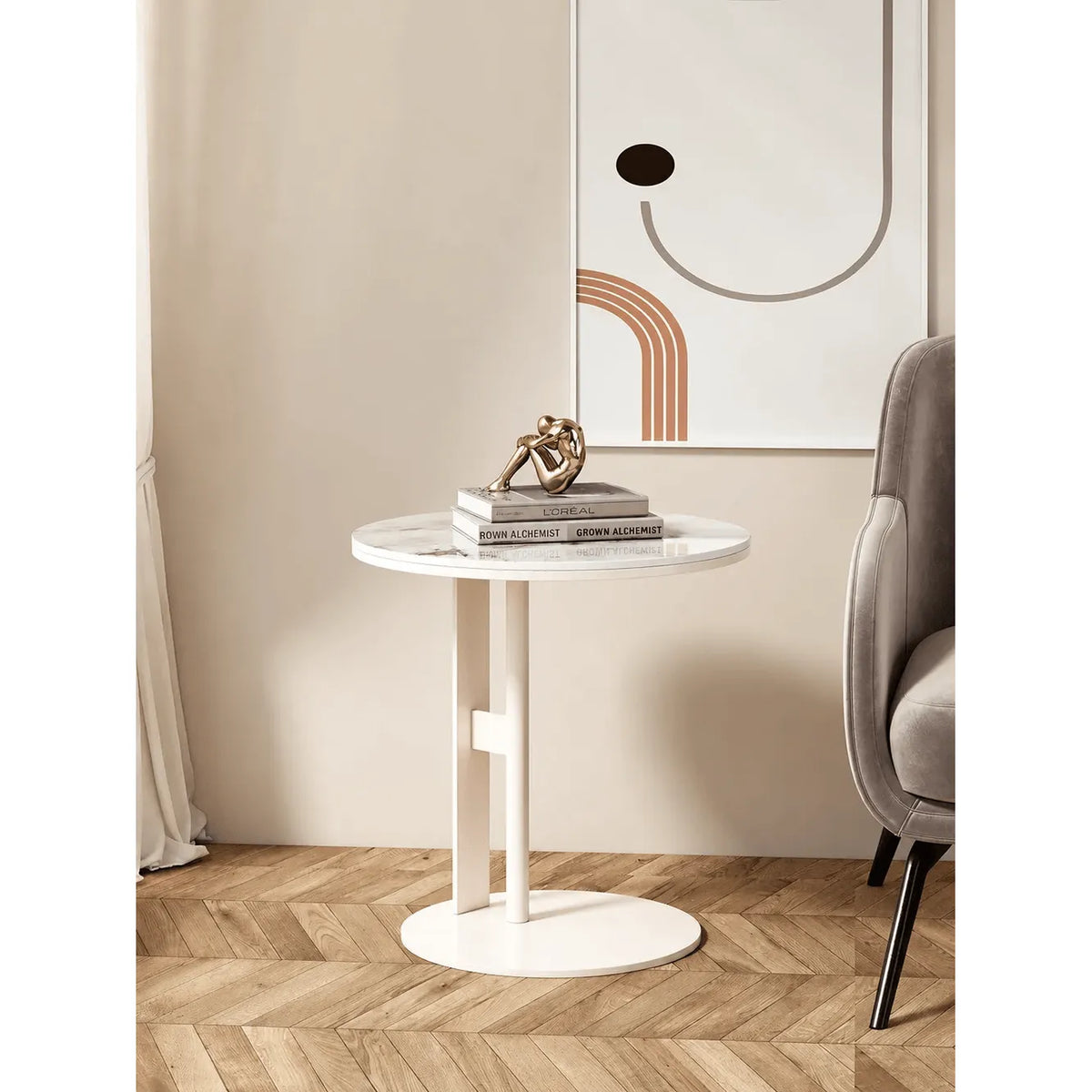 Artful Sintered Stone Side Table with Slim Round Top and Geometric Base