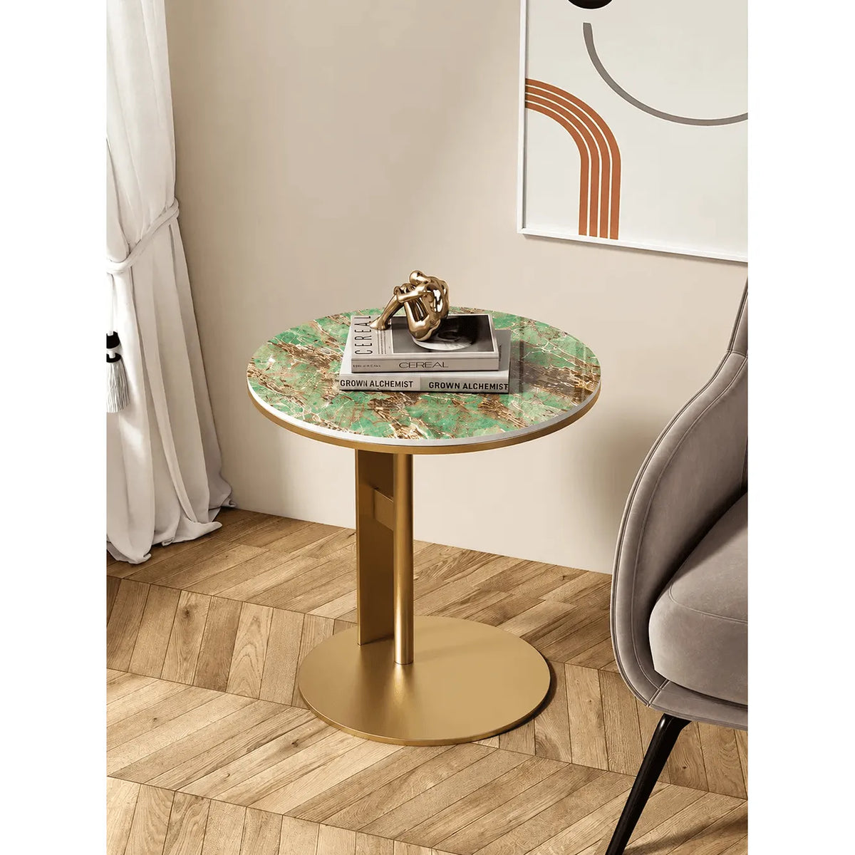 Artful Sintered Stone Side Table with Slim Round Top and Geometric Base