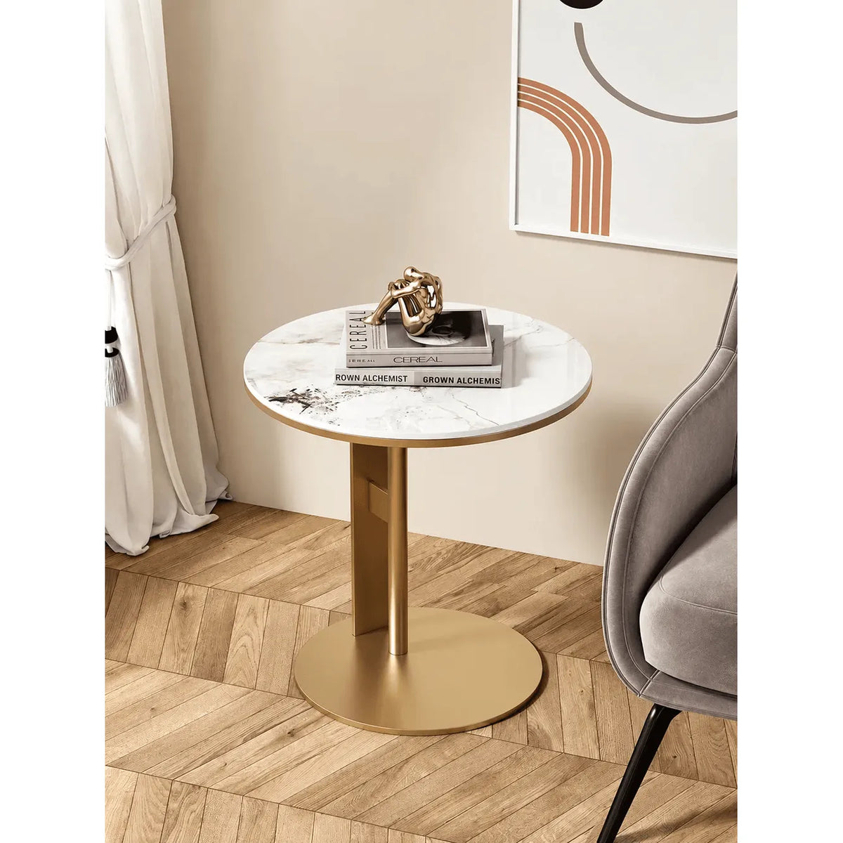 Artful Sintered Stone Side Table with Slim Round Top and Geometric Base
