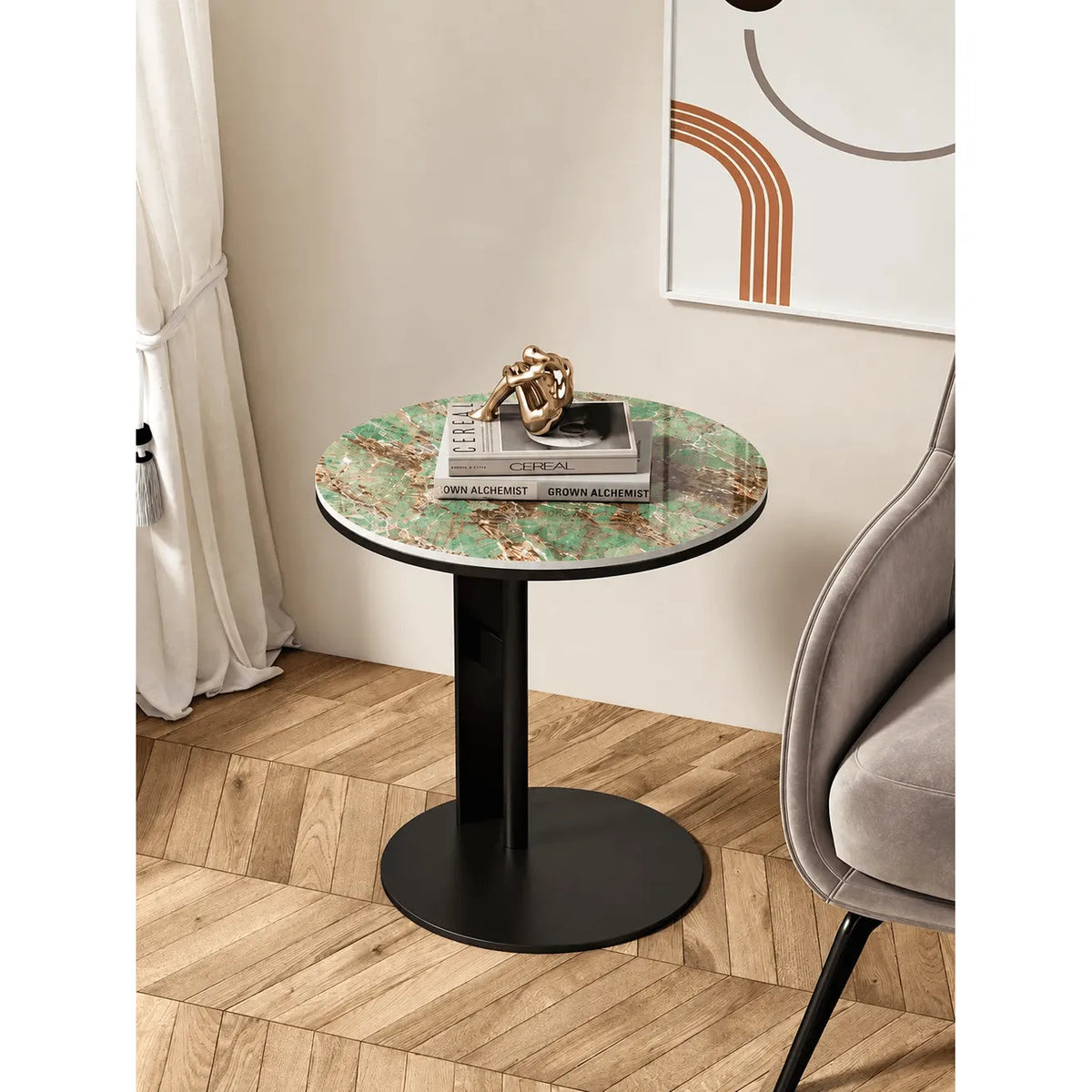 Artful Sintered Stone Side Table with Slim Round Top and Geometric Base