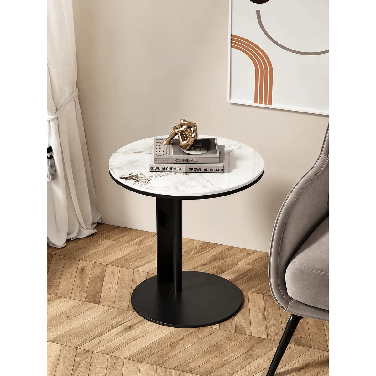 Artful Sintered Stone Side Table with Slim Round Top and Geometric Base Main Product Image Imagen principal del producto