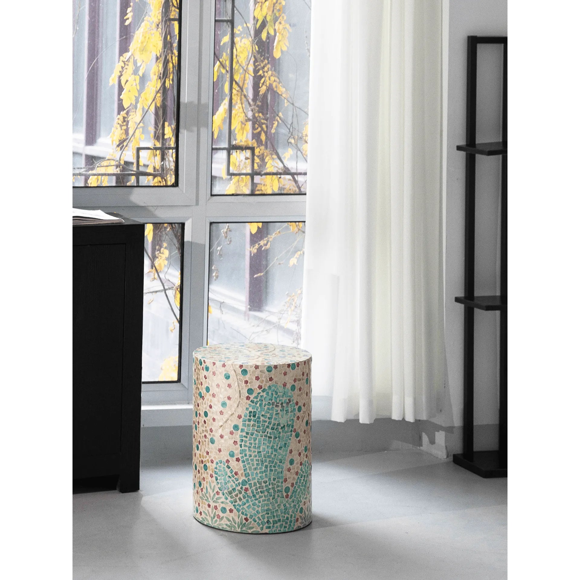 Artisanal Shell Mosaic Drum Side Table for Bedroom and Living Room