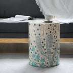 Artisanal Shell Mosaic Drum Side Table for Bedroom and Living Room