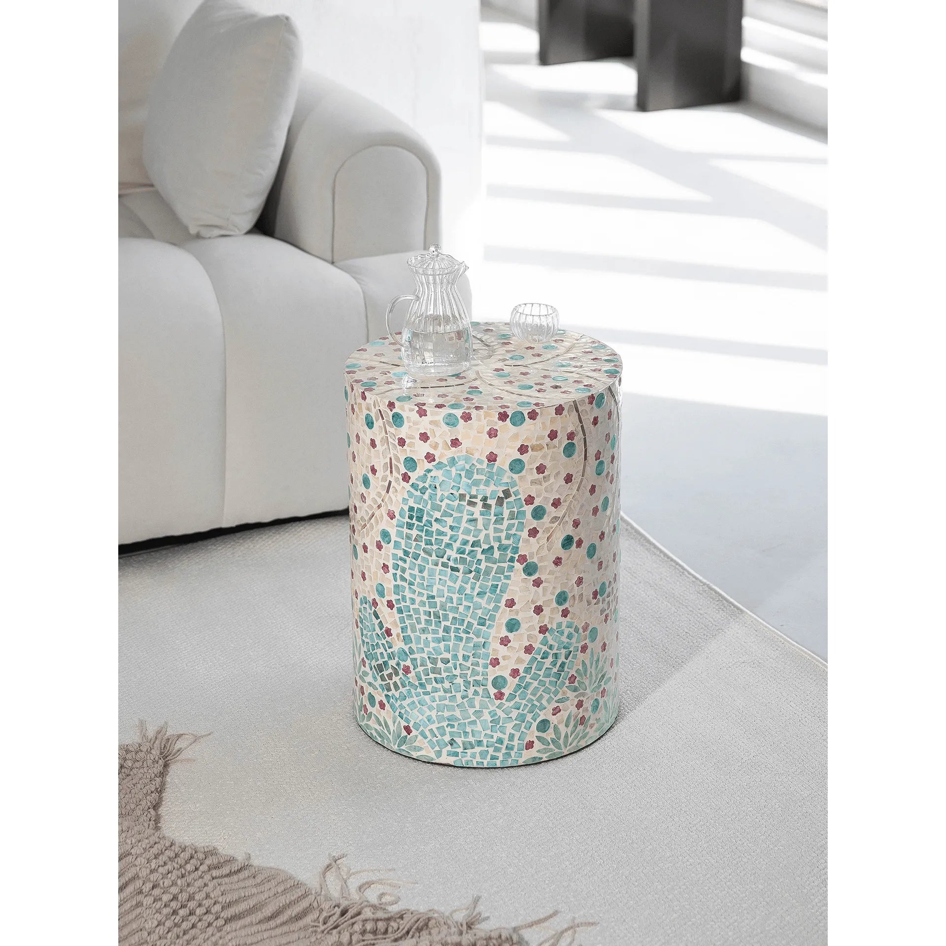 Artisanal Shell Mosaic Drum Side Table for Bedroom and Living Room