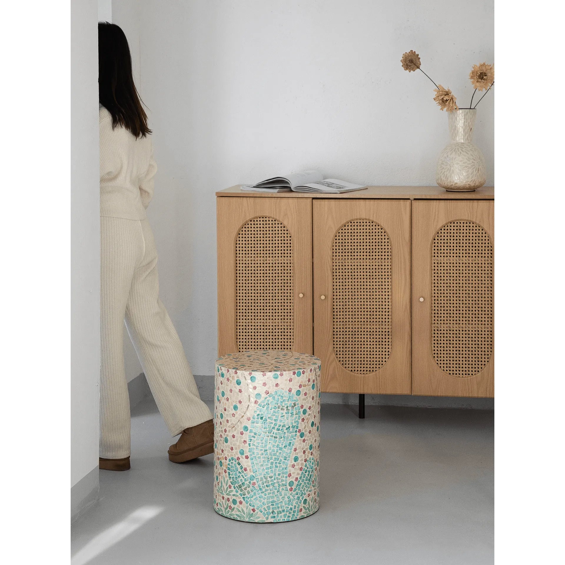 Artisanal Shell Mosaic Drum Side Table for Bedroom and Living Room