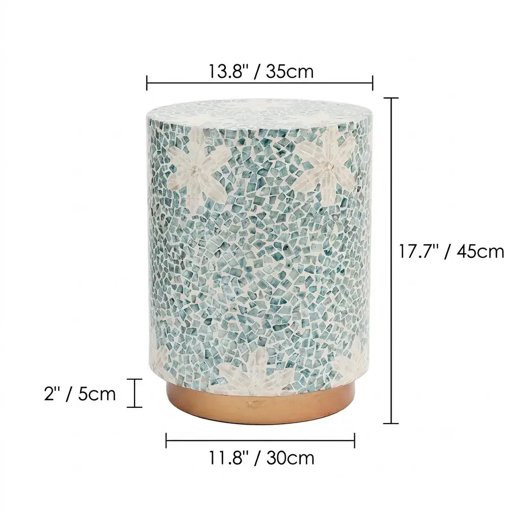 Artisanal Shell Mosaic Drum Side Table for Bedroom and Living Room Dimensions