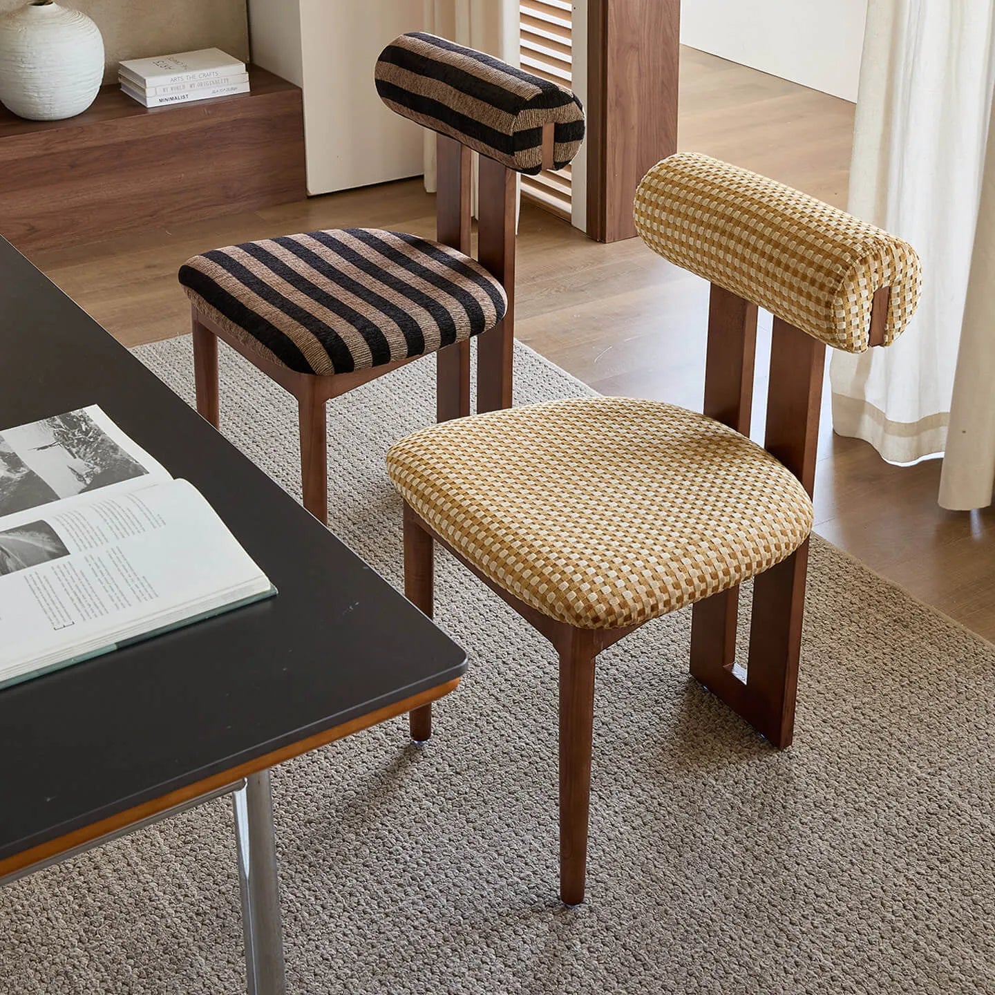Ash Vintage Wood Dining Chair Set with Curved Lumbar Comfort and Tailored Cushion Detail Main Product Image Main image