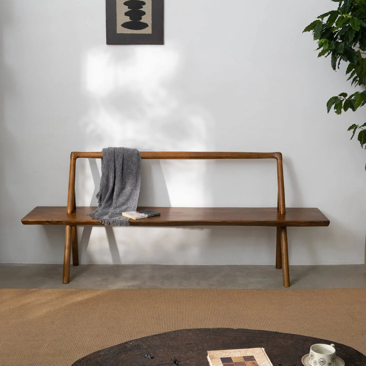 Ash Wood Indoor Bench with Open Back, Vintage Entryway Bench