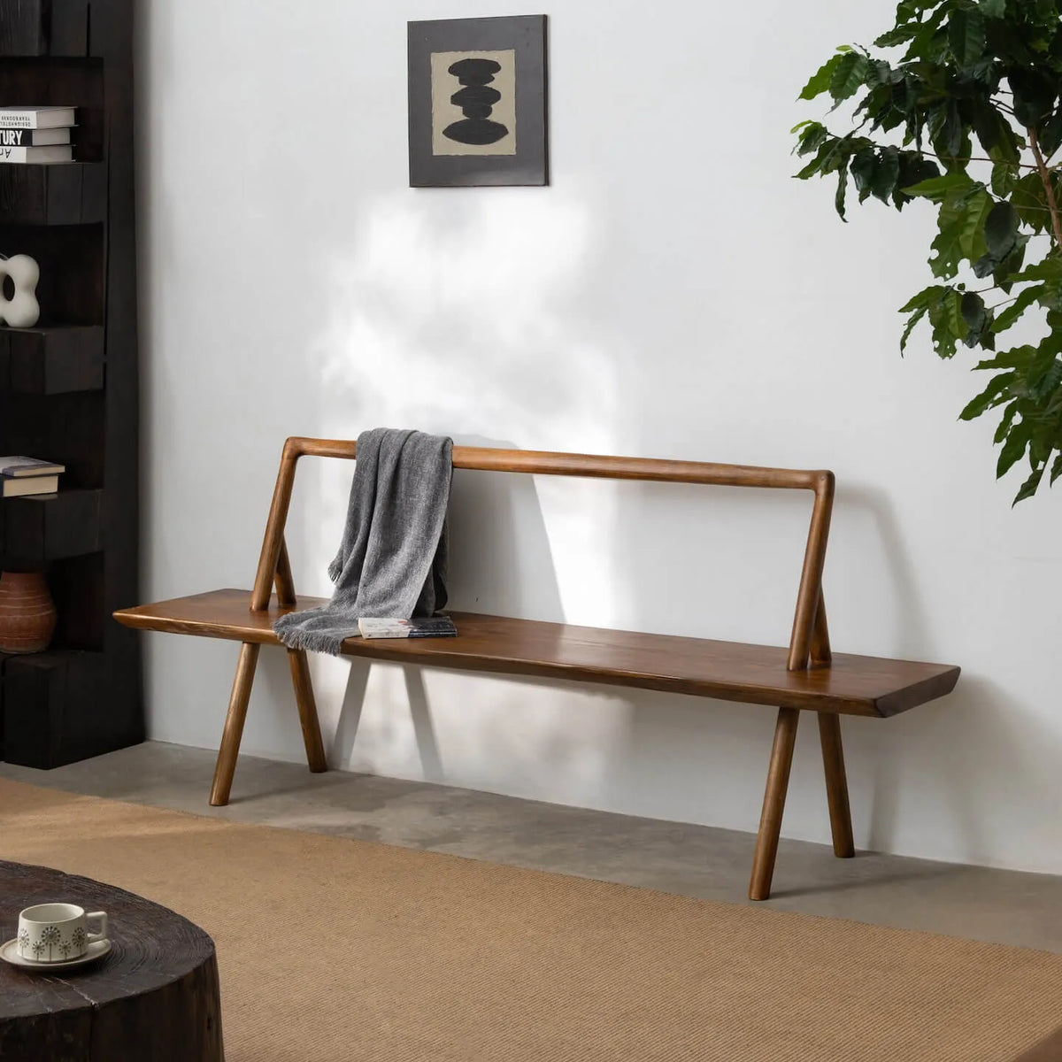Ash Wood Indoor Bench with Open Back, Vintage Entryway Bench Main Product Image