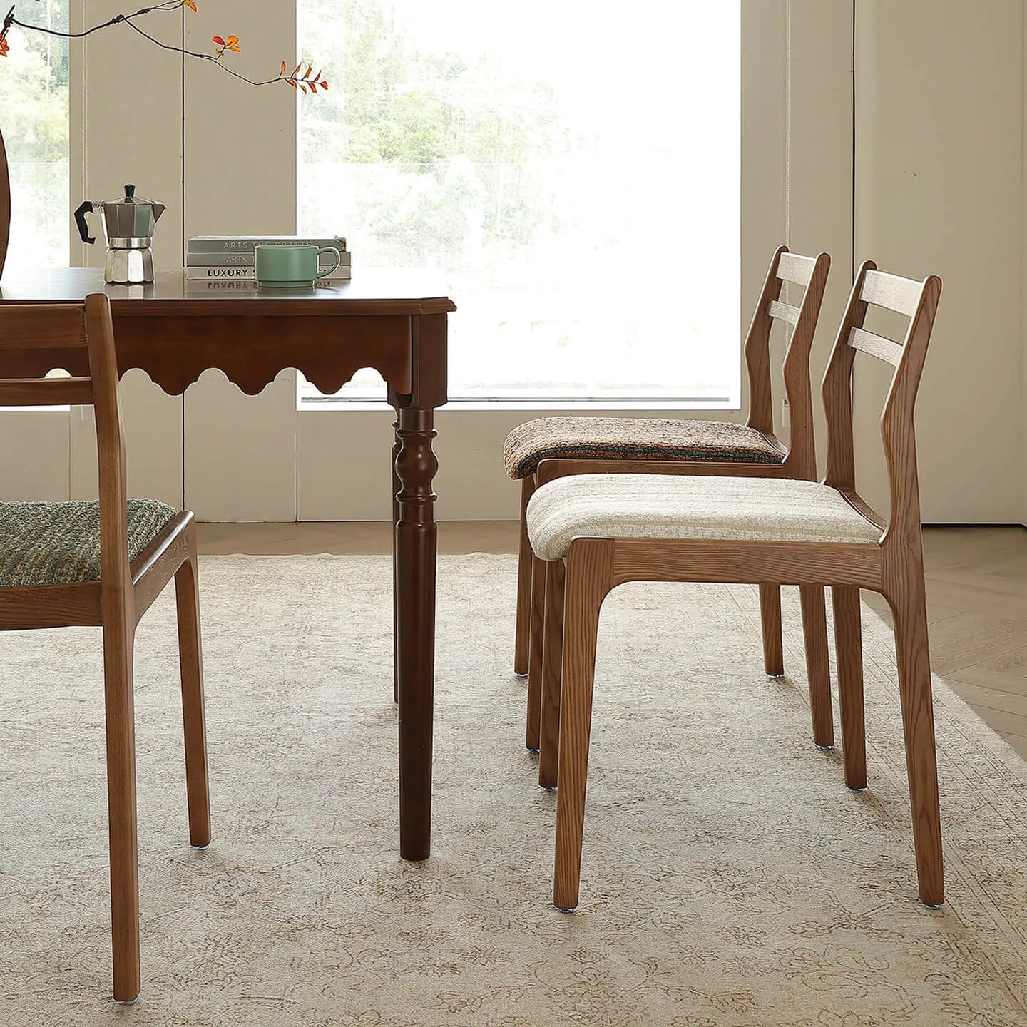 Ash Wood Modern Art Deco Dining Chair with Boucle Seat and Curved Back