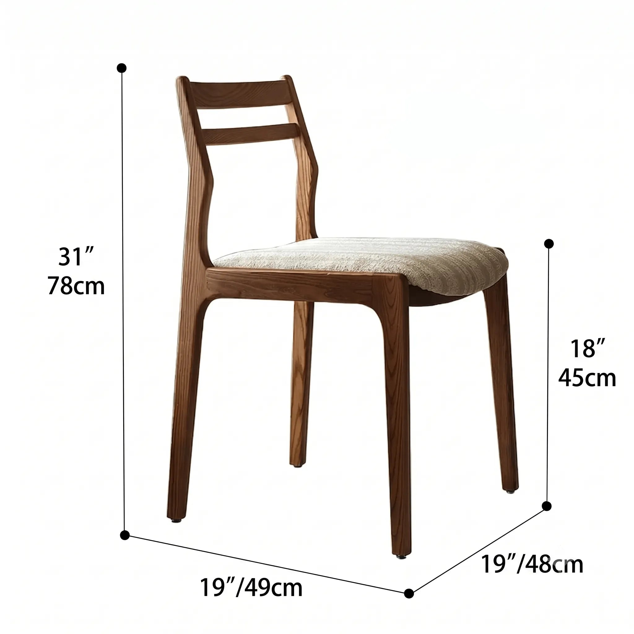 Ash Wood Modern Art Deco Dining Chair with Boucle Seat and Curved Back Dimensions