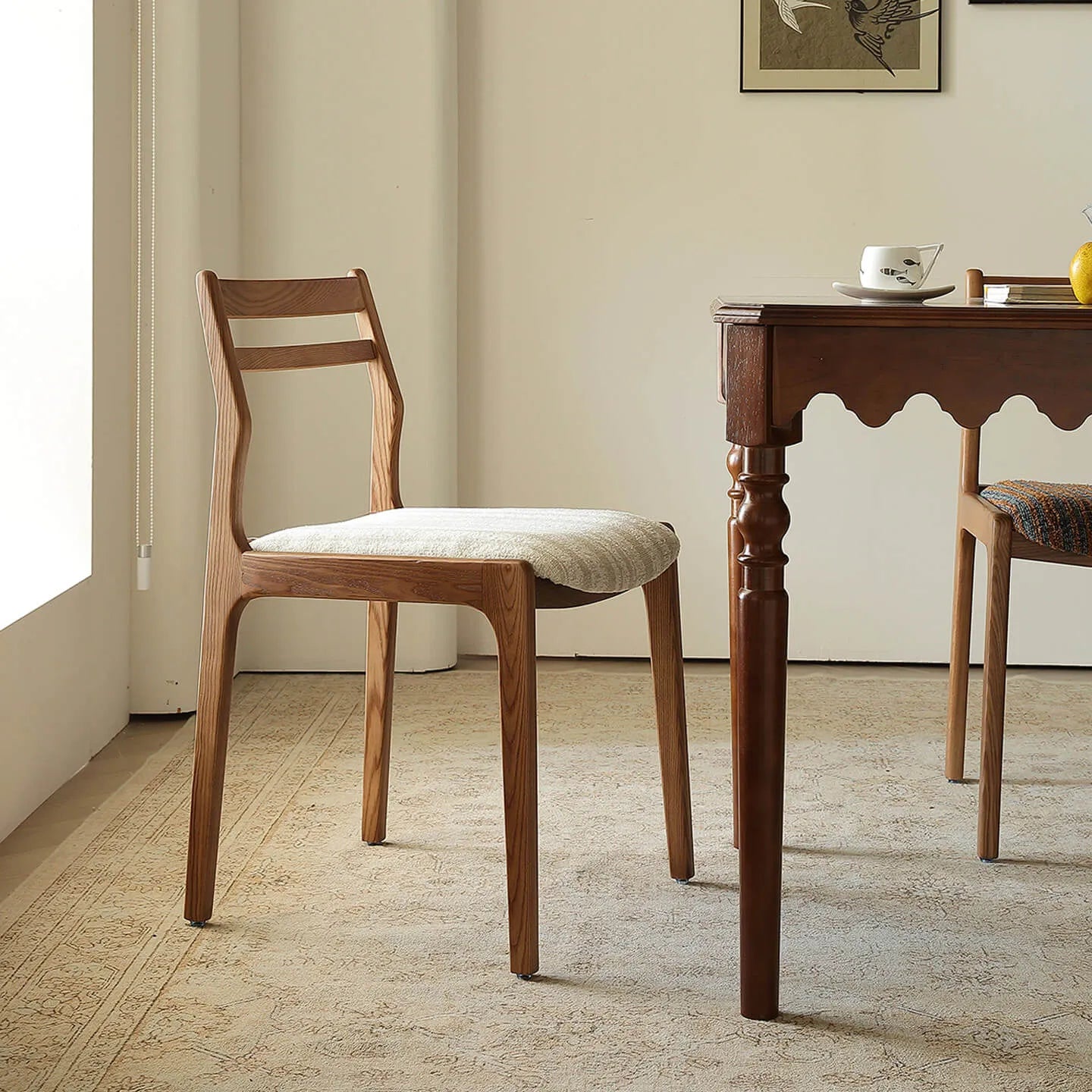 Ash Wood Modern Art Deco Dining Chair with Boucle Seat and Curved Back Main Product Image Main image