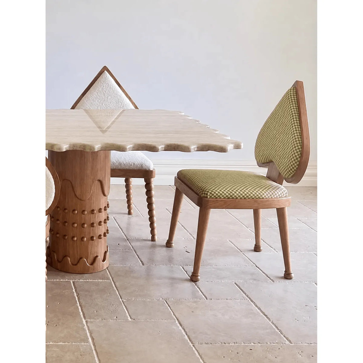 Ash Wood Playing Card Spade Chair Series, Sculptural Upholstered Dining Accent Seating