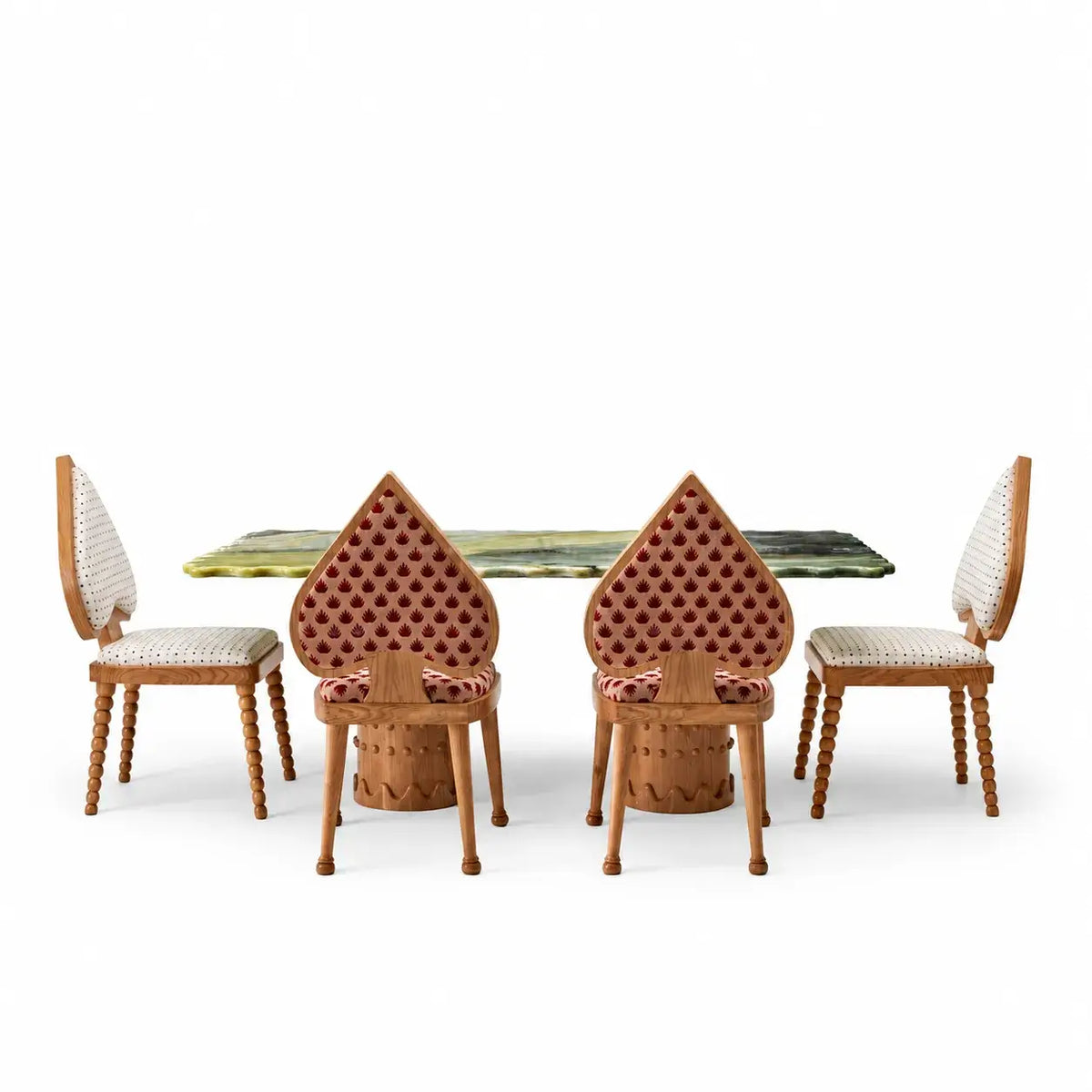 Ash Wood Playing Card Spade Chair Series, Sculptural Upholstered Dining Accent Seating