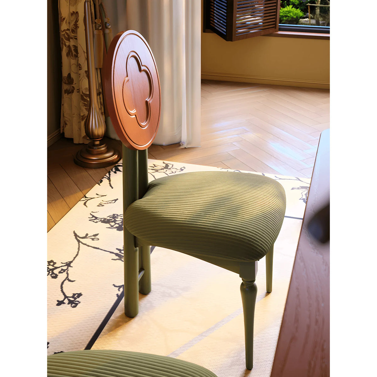Ash Wood Set of 2 Dining Chairs With Clover Back and Corduroy Seat