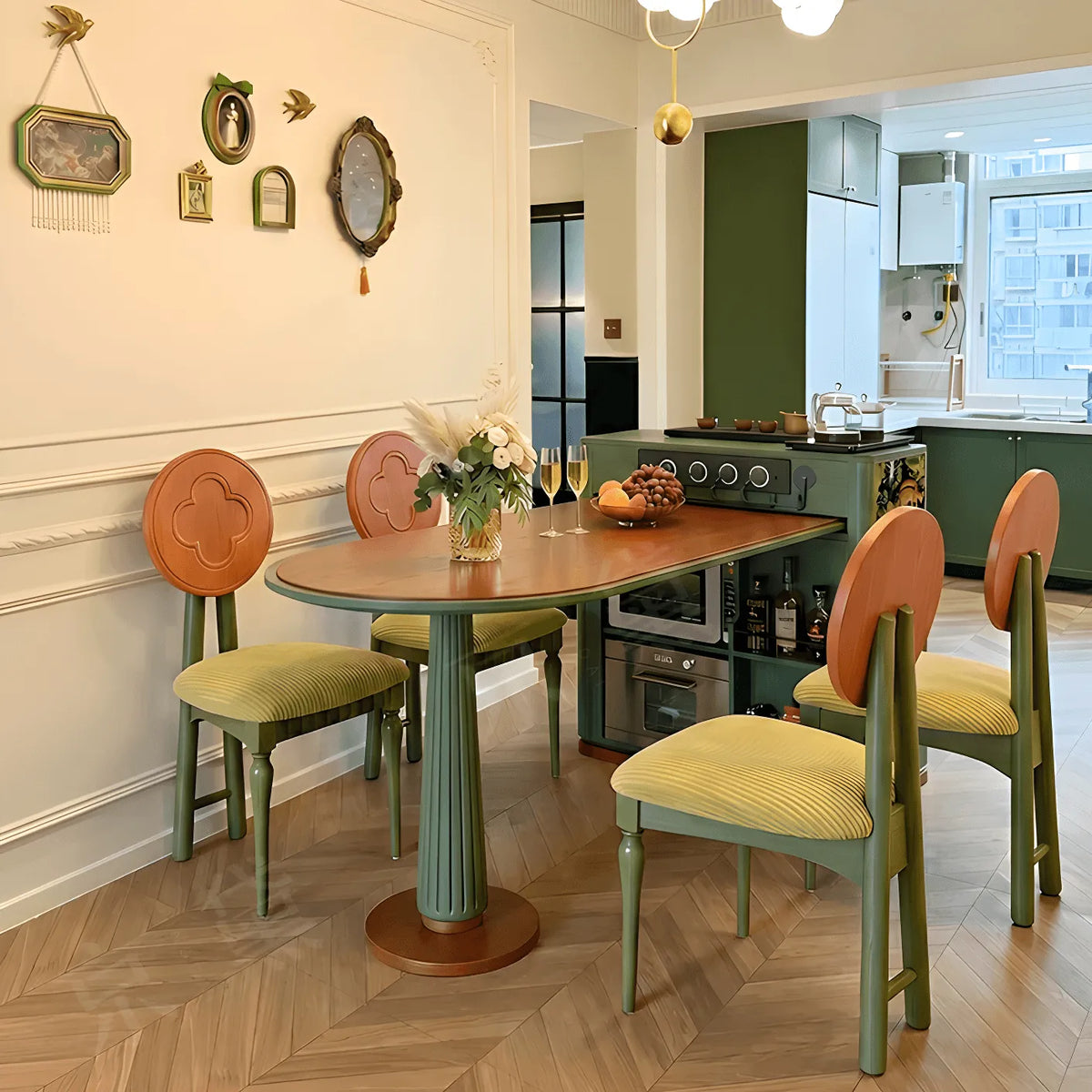 Ash Wood Set of 2 Dining Chairs With Clover Back and Corduroy Seat