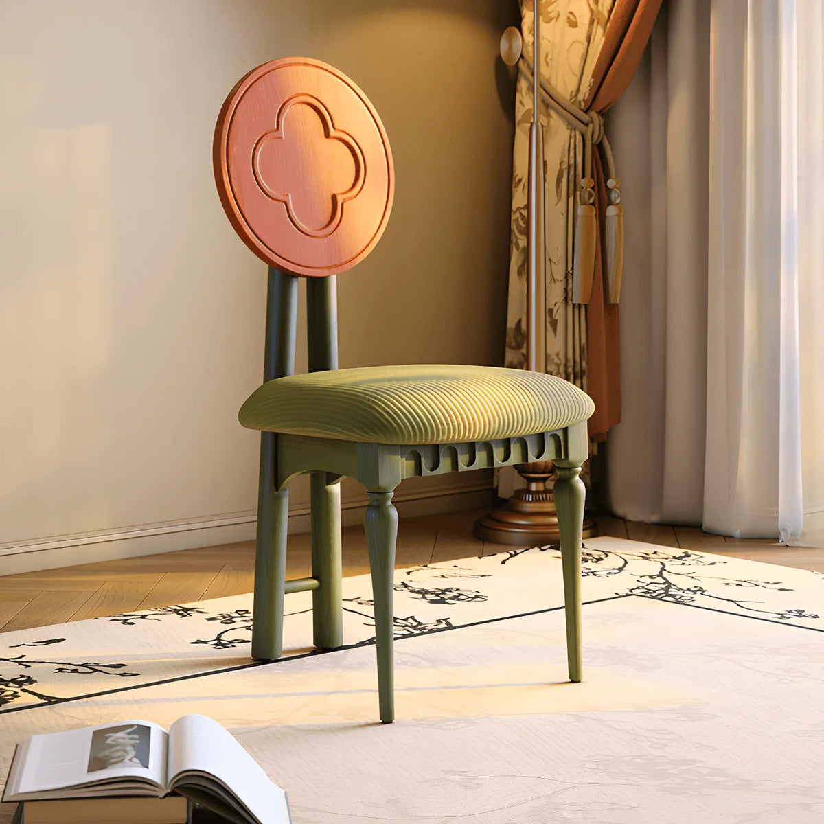 Ash Wood Set of 2 Dining Chairs With Clover Back and Corduroy Seat