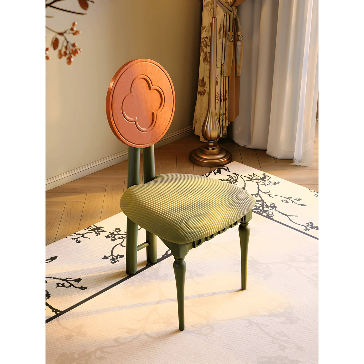 Ash Wood Set of 2 Dining Chairs With Clover Back and Corduroy Seat