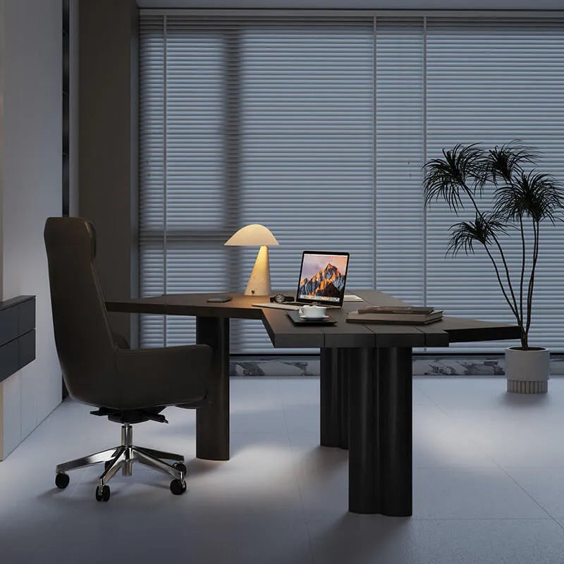 Asymmetric Geometric Wood Desk Series With Wooden Office Chair Sets