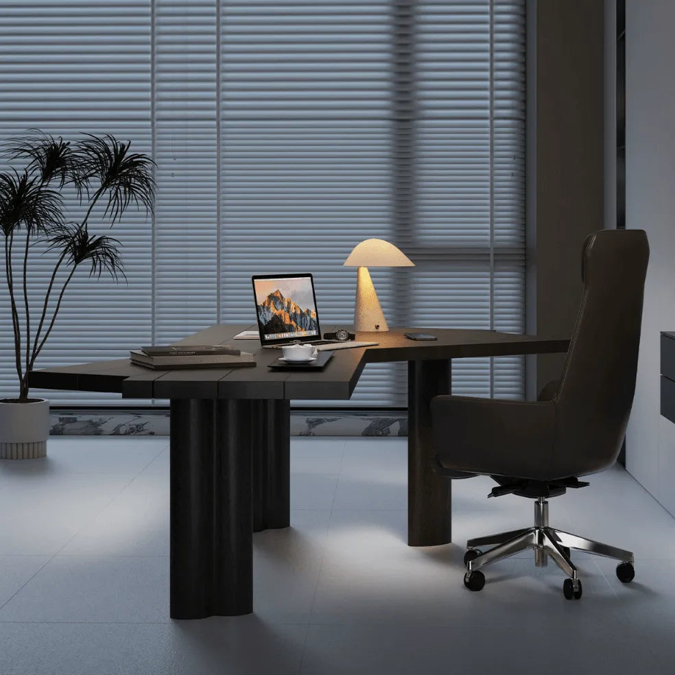 Asymmetric Geometric Wood Desk Series With Wooden Office Chair Sets
