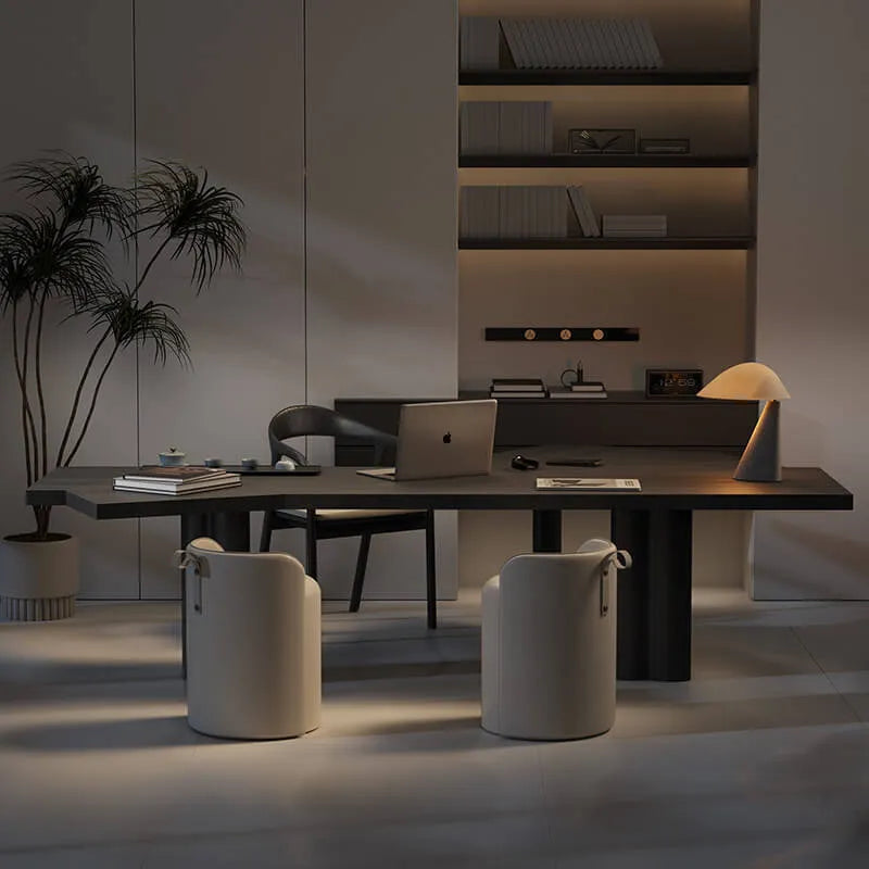 Asymmetric Geometric Wood Desk Series With Wooden Office Chair Sets