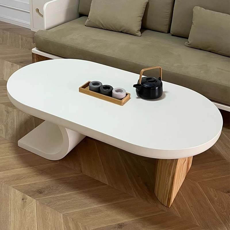 Asymmetrical Modern Coffee Table with Oval Top and Wood Base