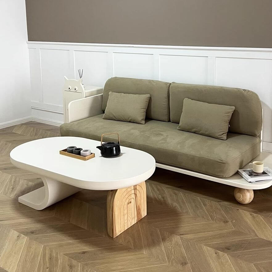 Asymmetrical Modern Coffee Table with Oval Top and Wood Base
