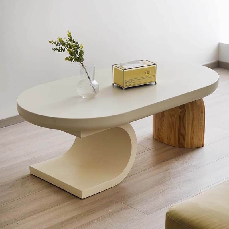 Asymmetrical Modern Coffee Table with Oval Top and Wood Base