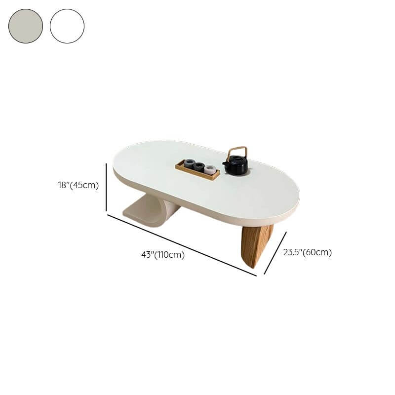 Asymmetrical Modern Coffee Table with Oval Top and Wood Base Dimensions