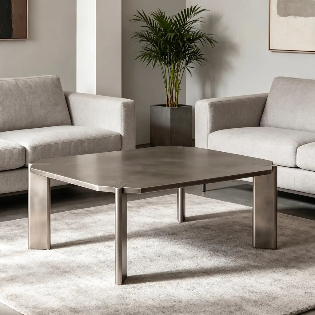 Asymmetrical Stainless Steel Coffee Table with Sculptural Base and Industrial Detailing