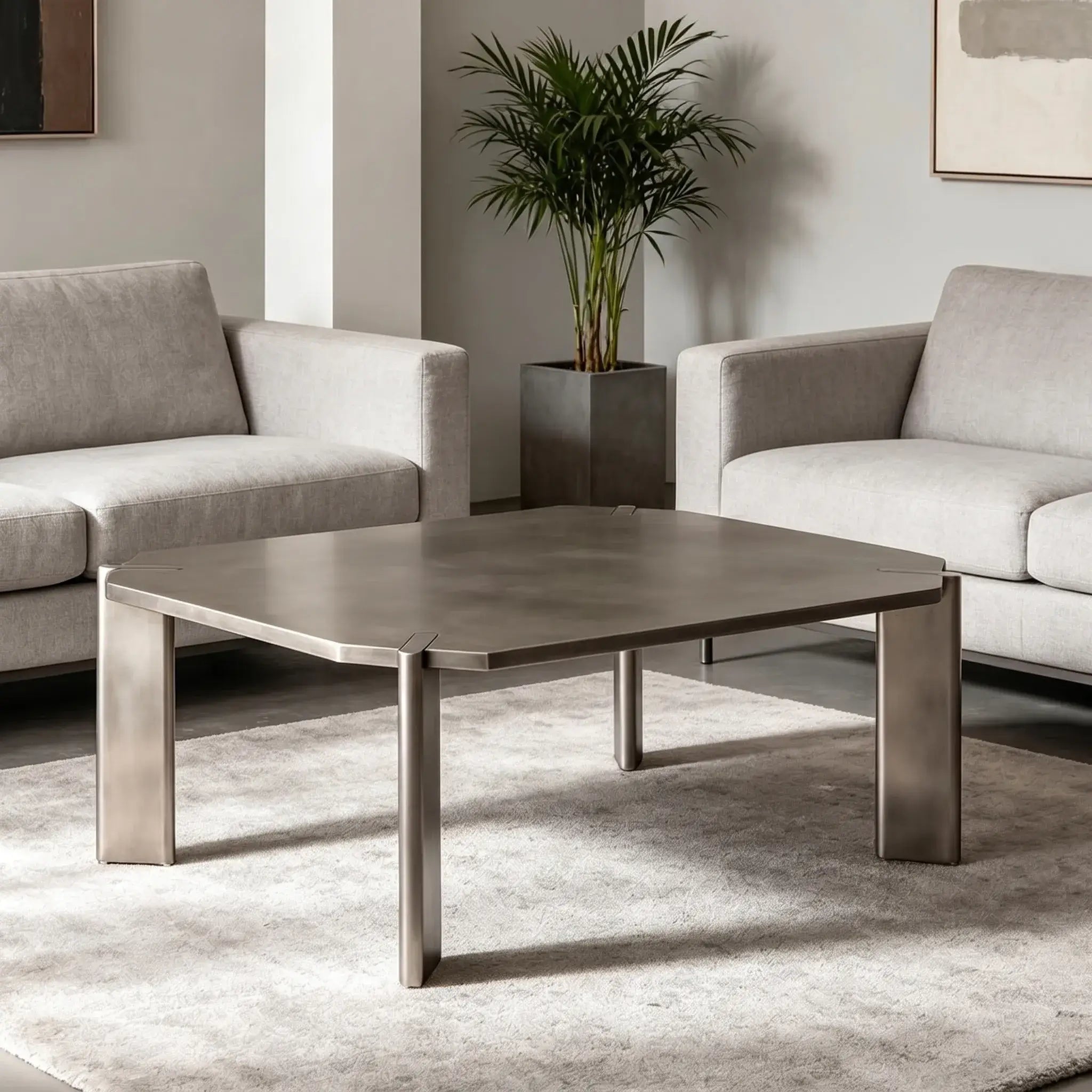 Asymmetrical Stainless Steel Coffee Table with Sculptural Base and Industrial Detailing