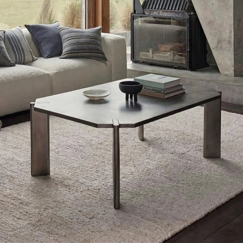 Asymmetrical Stainless Steel Coffee Table with Sculptural Base and Industrial Detailing
