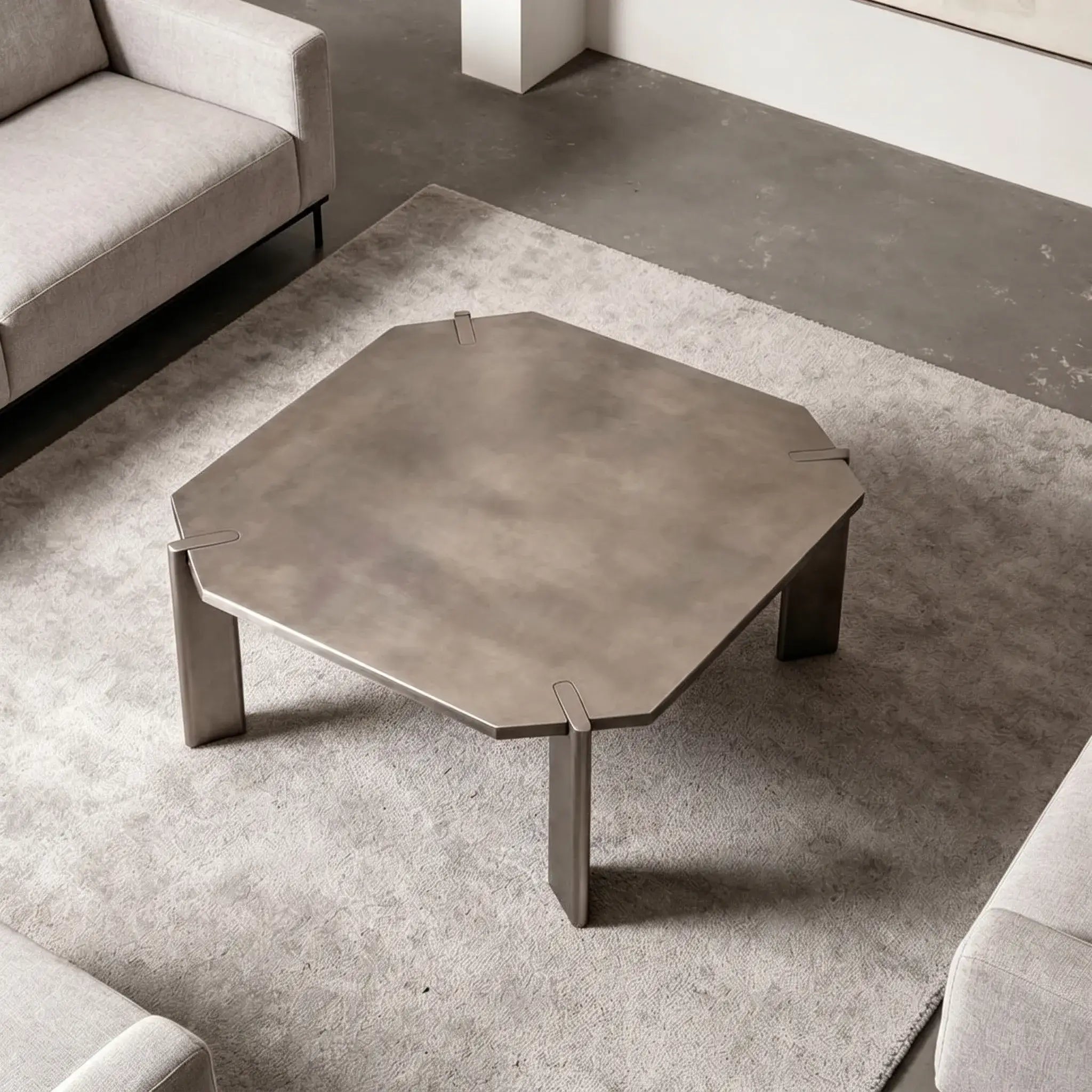 Asymmetrical Stainless Steel Coffee Table with Sculptural Base and Industrial Detailing