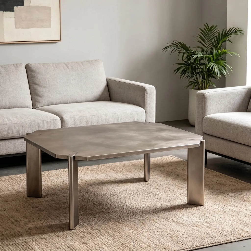 Asymmetrical Stainless Steel Coffee Table with Sculptural Base and Industrial Detailing