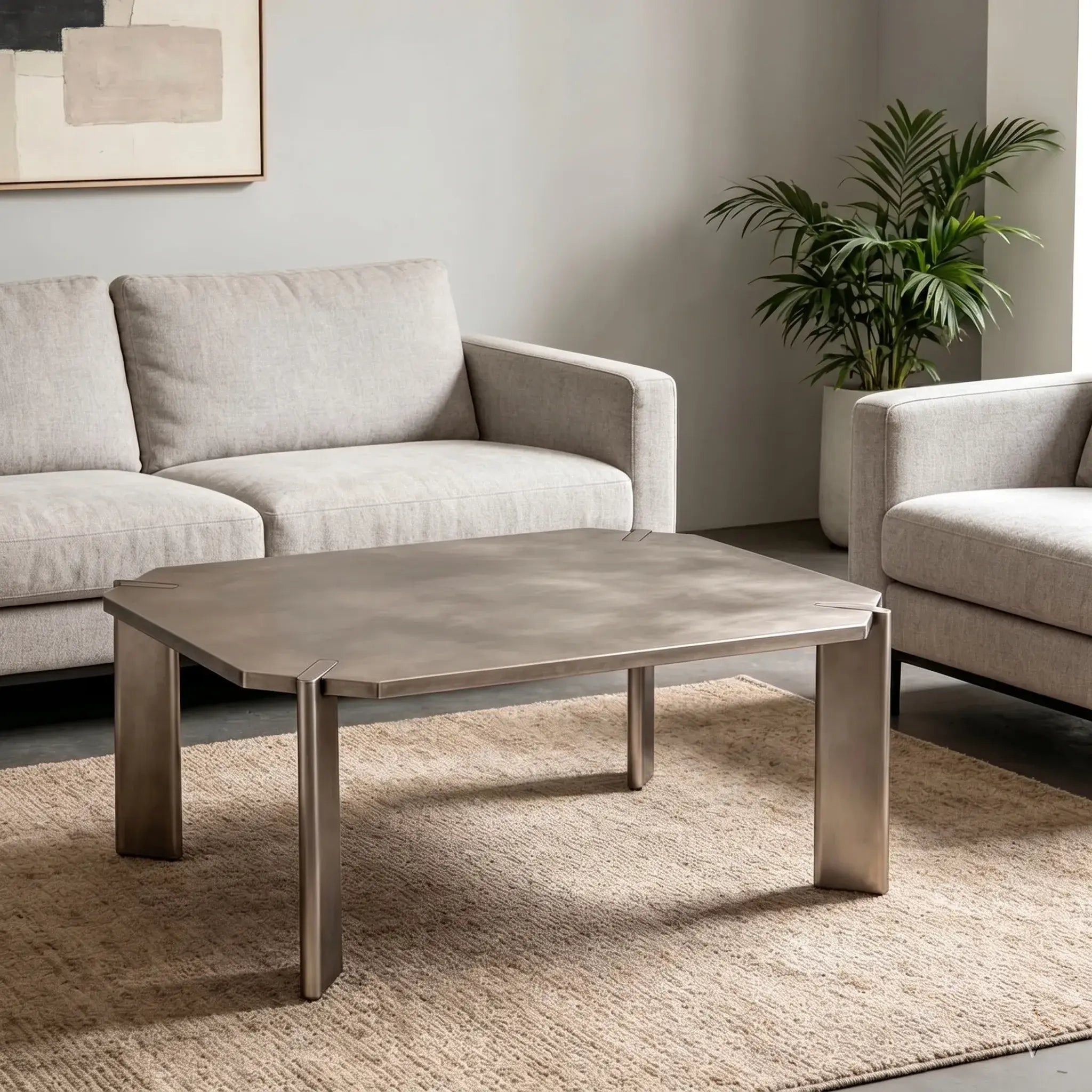 Asymmetrical Stainless Steel Coffee Table with Sculptural Base and Industrial Detailing