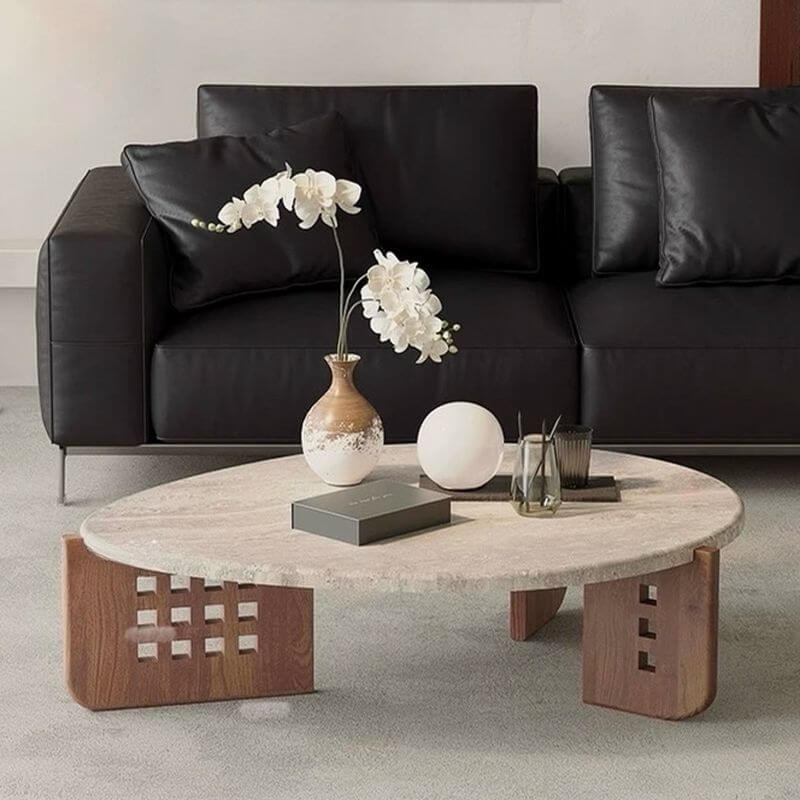 Asymmetrical Travertine Top Coffee Table with Slatted Wood Base