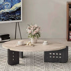 Asymmetrical Travertine Top Coffee Table with Slatted Wood Base